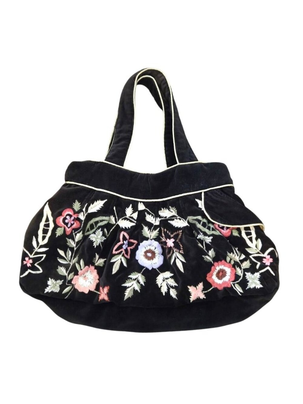 Vintage Black Velvet Floral Embroidered Tote Bag Boho Slouchy Shoulder Purse